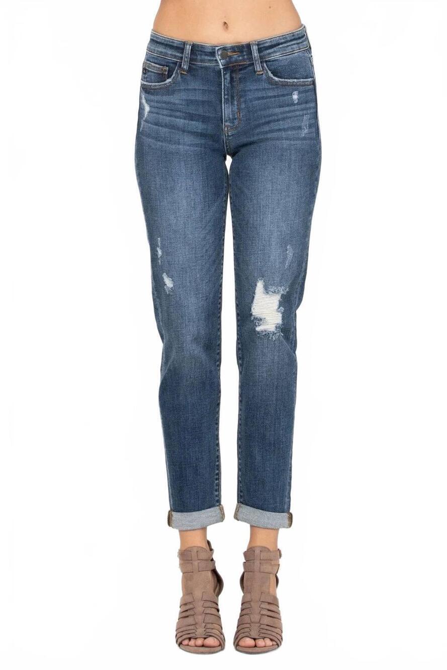 NEW JUDY BLUE kimberly destroyed cuff slim fit jeans in medium wash